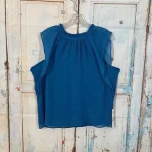 Calvin Klein Peasant Top Size XS Blue Sheer Cap Sleeves Ruffle Neck